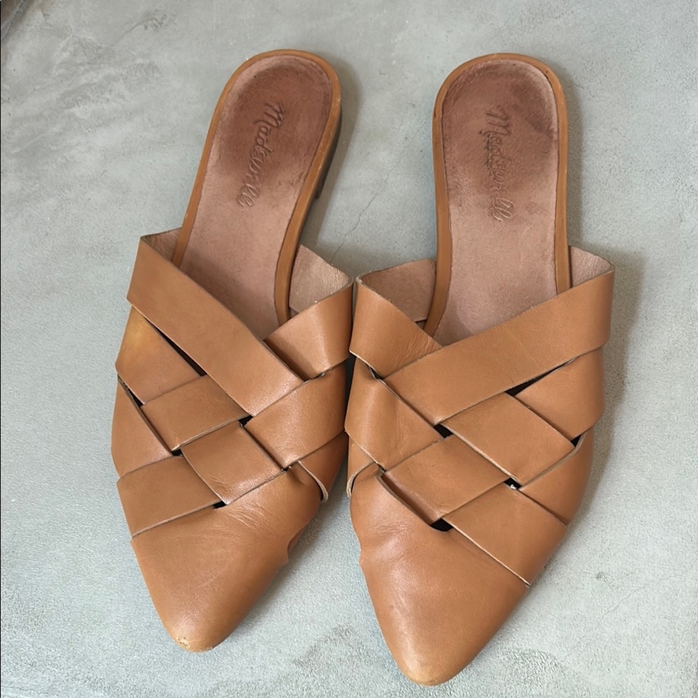 Madewell Tan Leather Mules - Cora with Woven Design